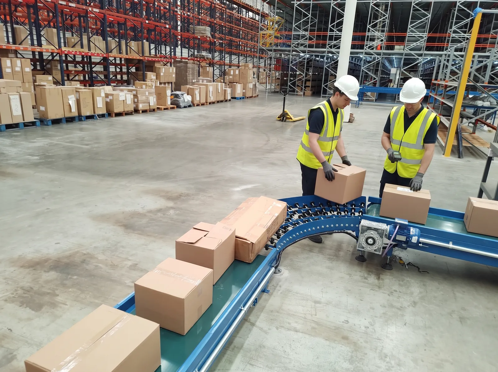 Operarios cargando cajas en una cinta transportadora con curva de rodillos, en un depósito