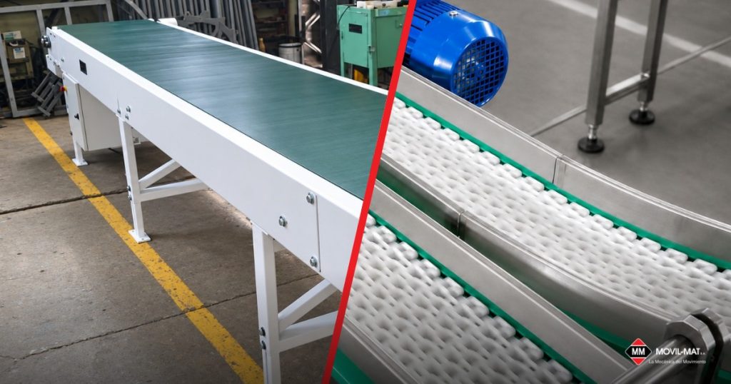 Cinta transportadora de banda verde y transportador de malla modular plástica fabricados por Movil-Mat