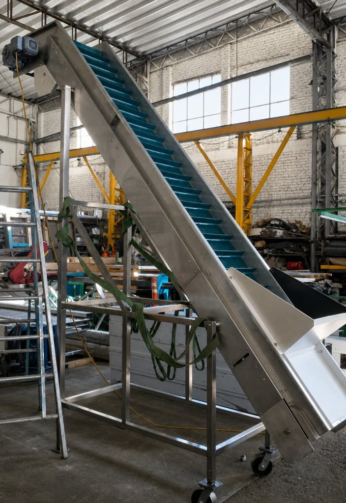 Cinta elevadora con tacos y estructura de acero inoxidable, fabricada por Movil-Mat