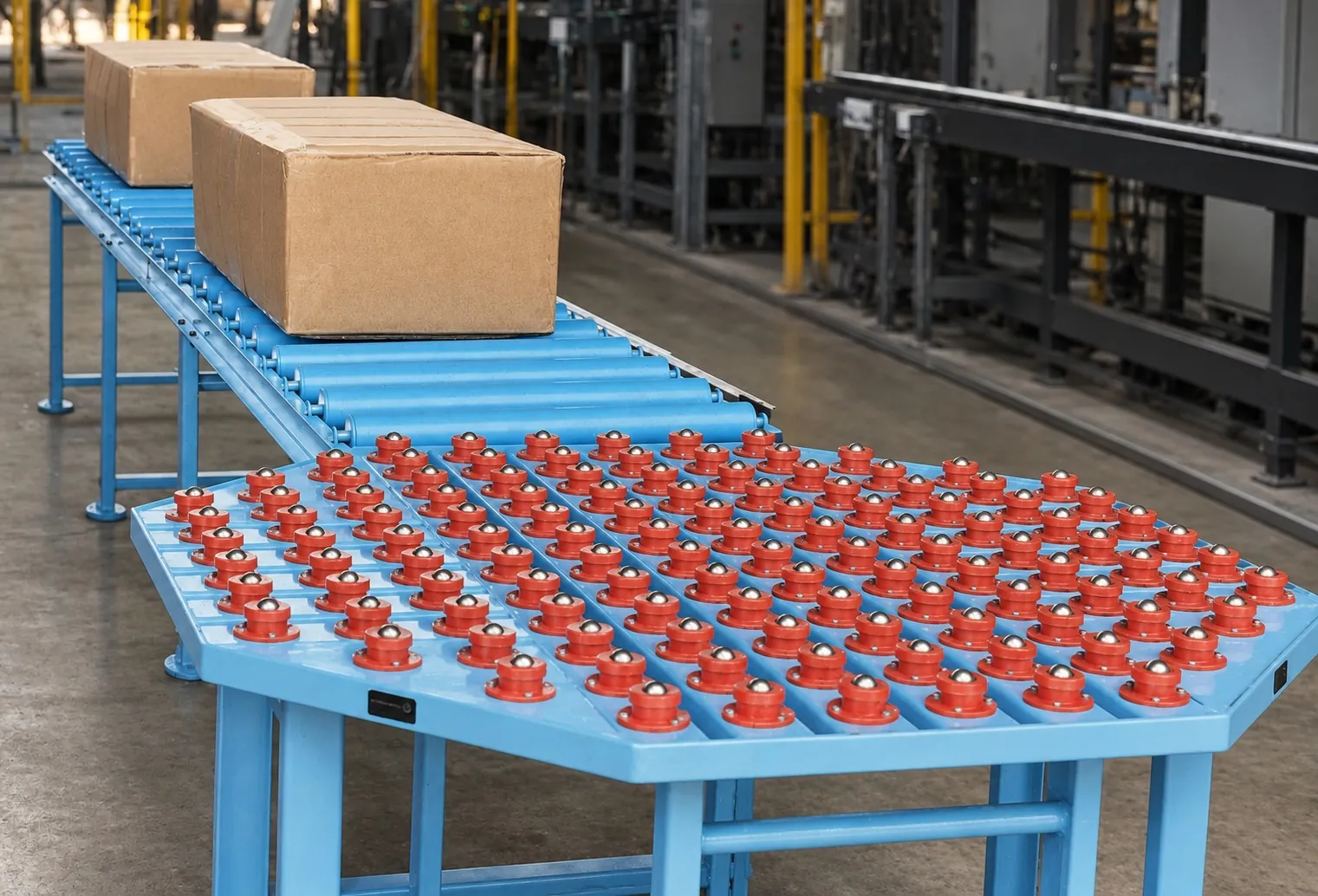 Mesa de bolilleros a la salida de un transportador a rodillos